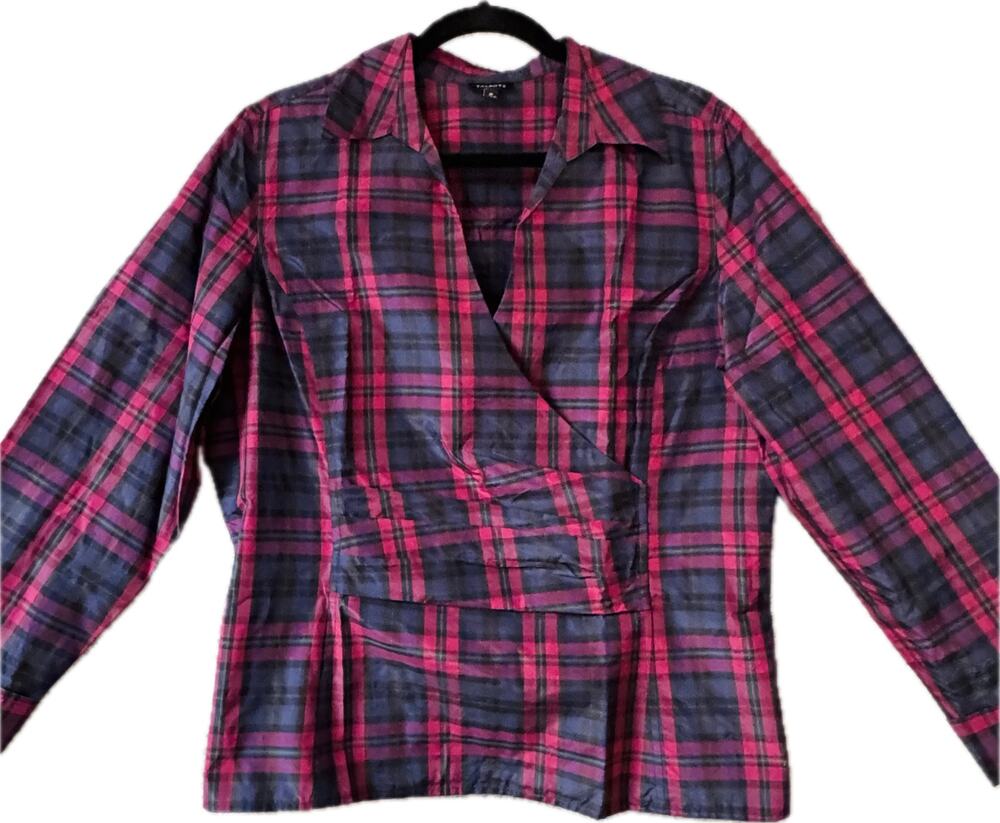 Talbots Pink and Black Plaid Wrap-Style Blouse